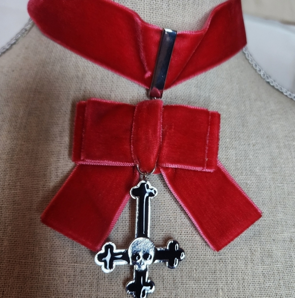 Dolls Kill Red Velvet Choker with Cross Pendant And Skull